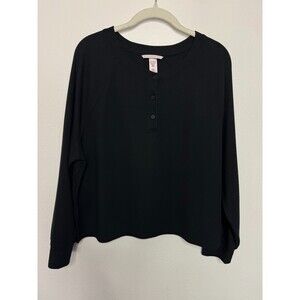 Victorias Secret Medium Glow Waffle Knit Henley Top Black Long Sleeve Thermal